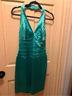 Cache Teal Halter Satin V-Neck Sheath Dress